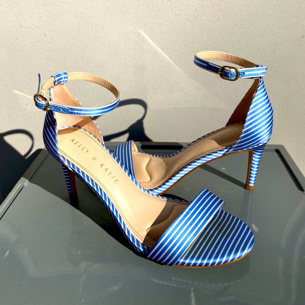 Kelly and Katie blue and white satin pumps